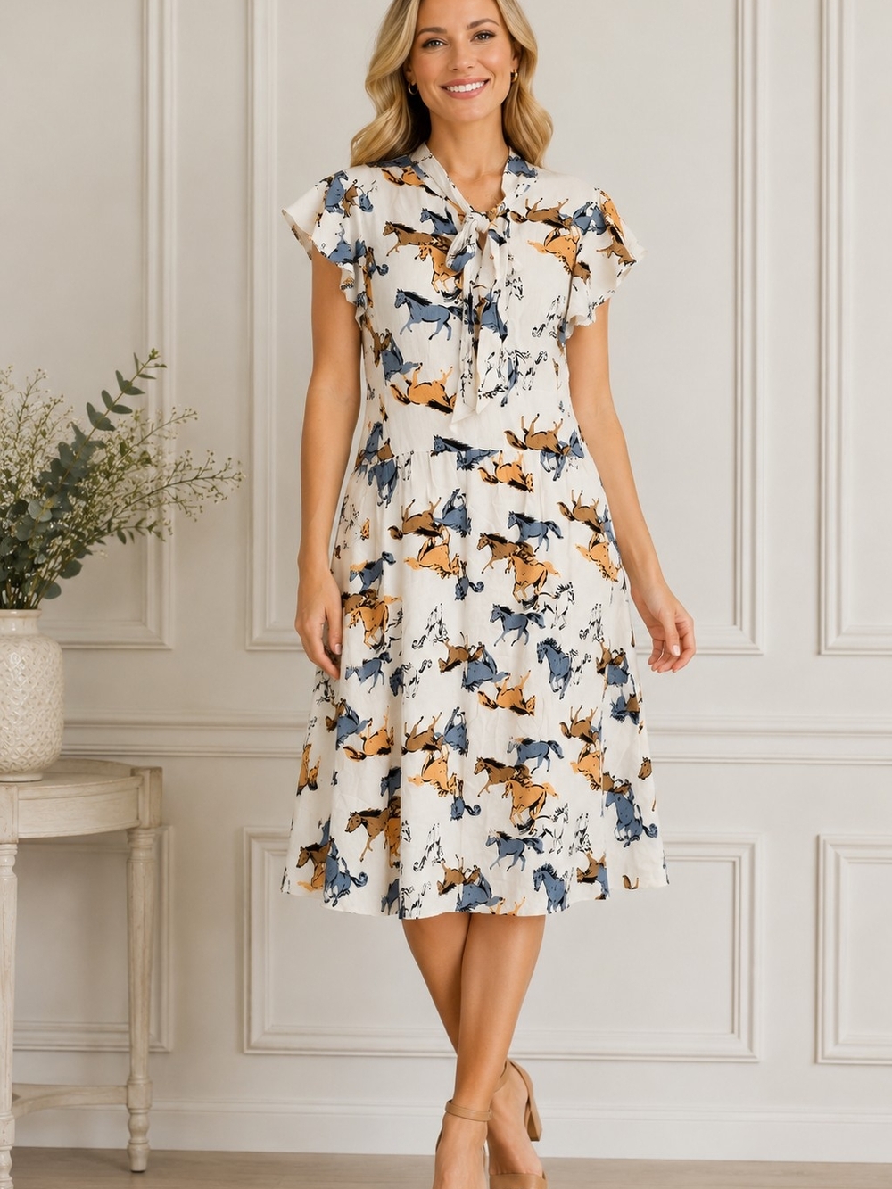 Modcloth Cream Midi Dress with Blue and Tan Horse Print